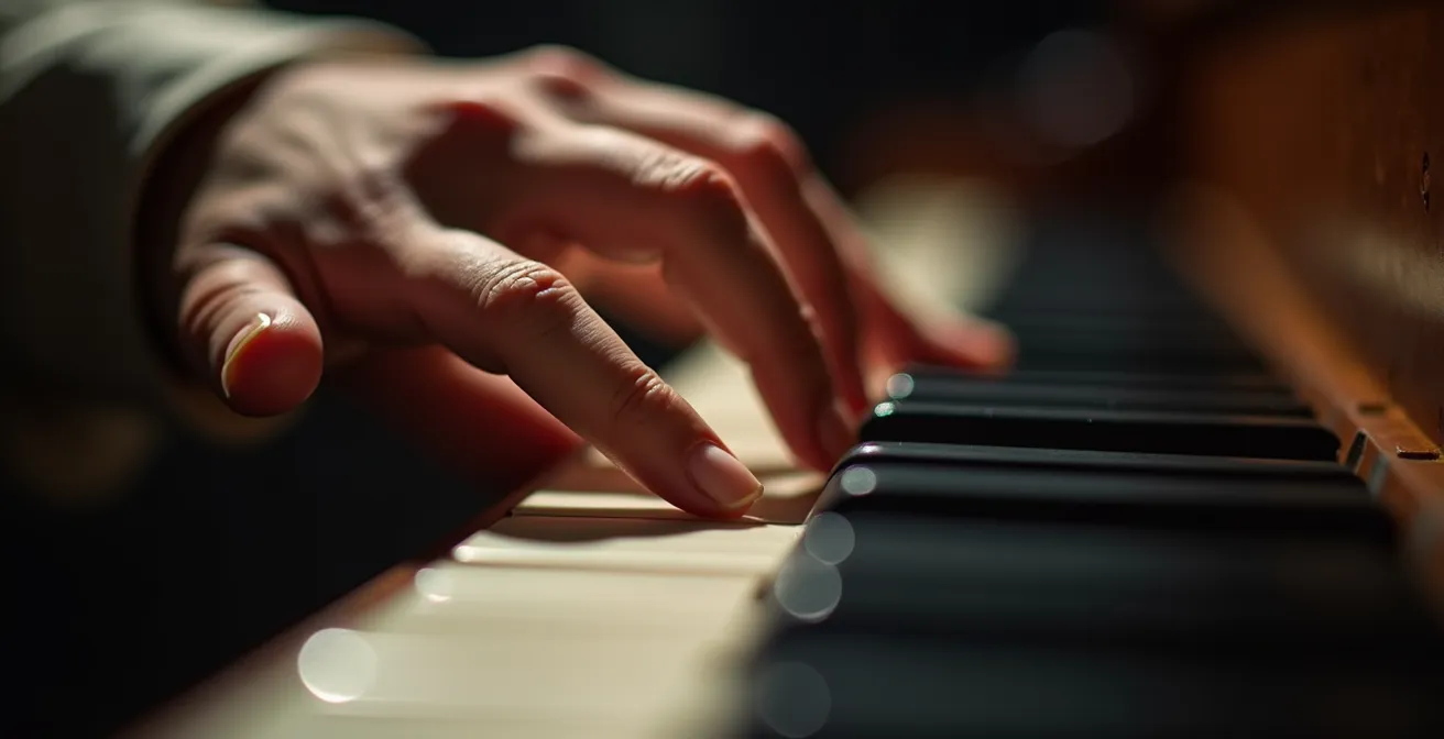 Mains d'adulte sur instrument avec expression de concentration intense