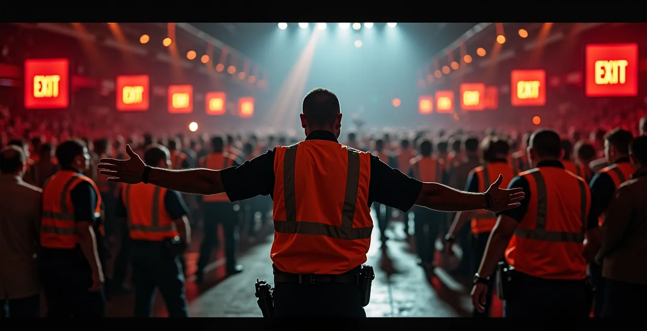 Agents de sécurité guidant une foule avec des gestes amples lors d'une évacuation