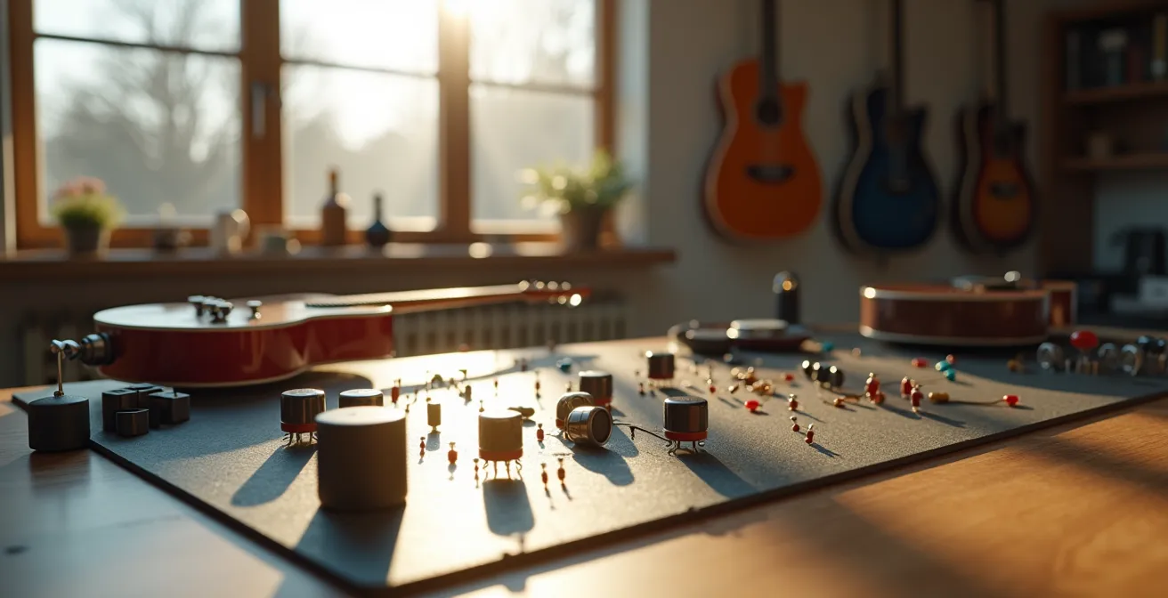 Vue minimaliste d'un atelier d'électronique guitare avec composants passifs