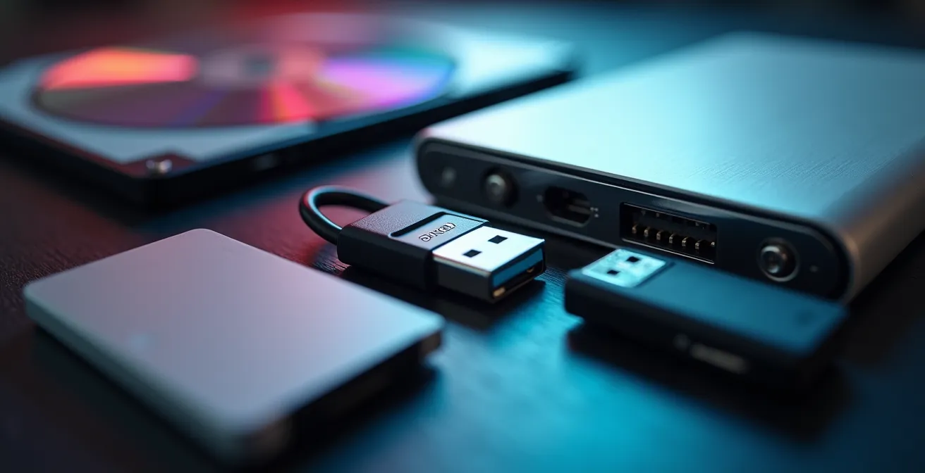 Arrangement photographique montrant différents supports de sauvegarde pour une stratégie de backup studio