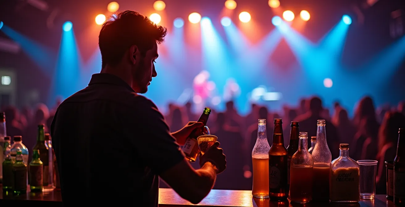 Vue d'ensemble d'un bar de salle de concert avec éclairage d'ambiance coloré