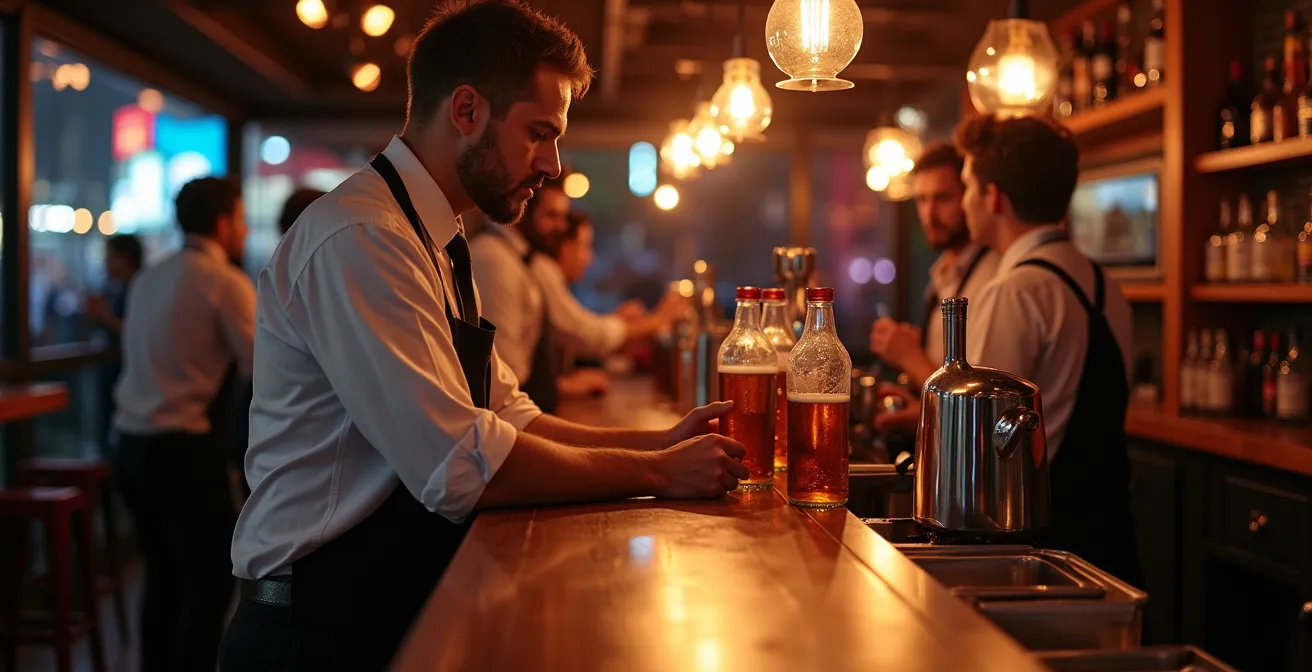 Personnel formé derrière un comptoir de buvette lors d'un concert avec équipements de sécurité