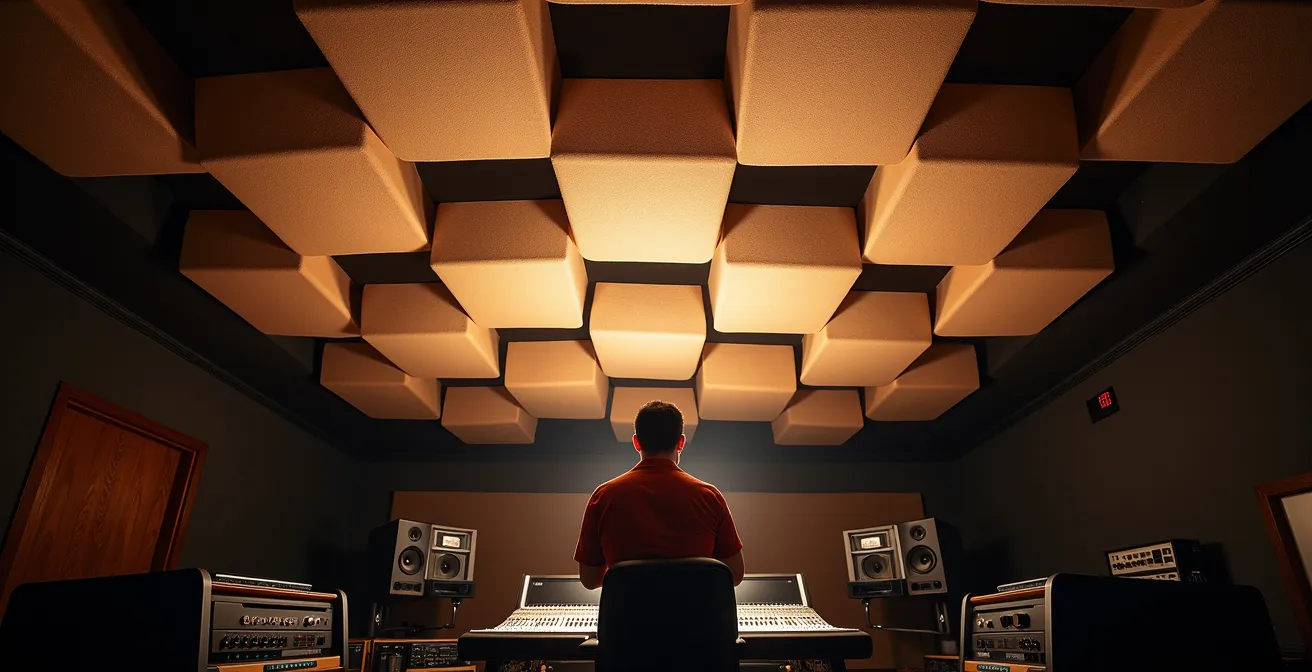 Panneau acoustique suspendu au plafond au-dessus d'une position d'écoute dans un studio