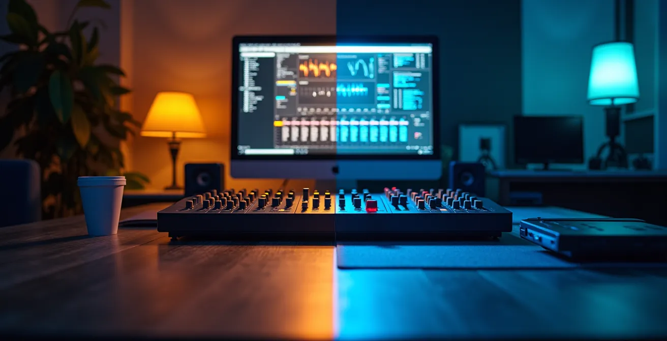 Comparaison visuelle entre hardware analogique et plugins numériques dans un studio