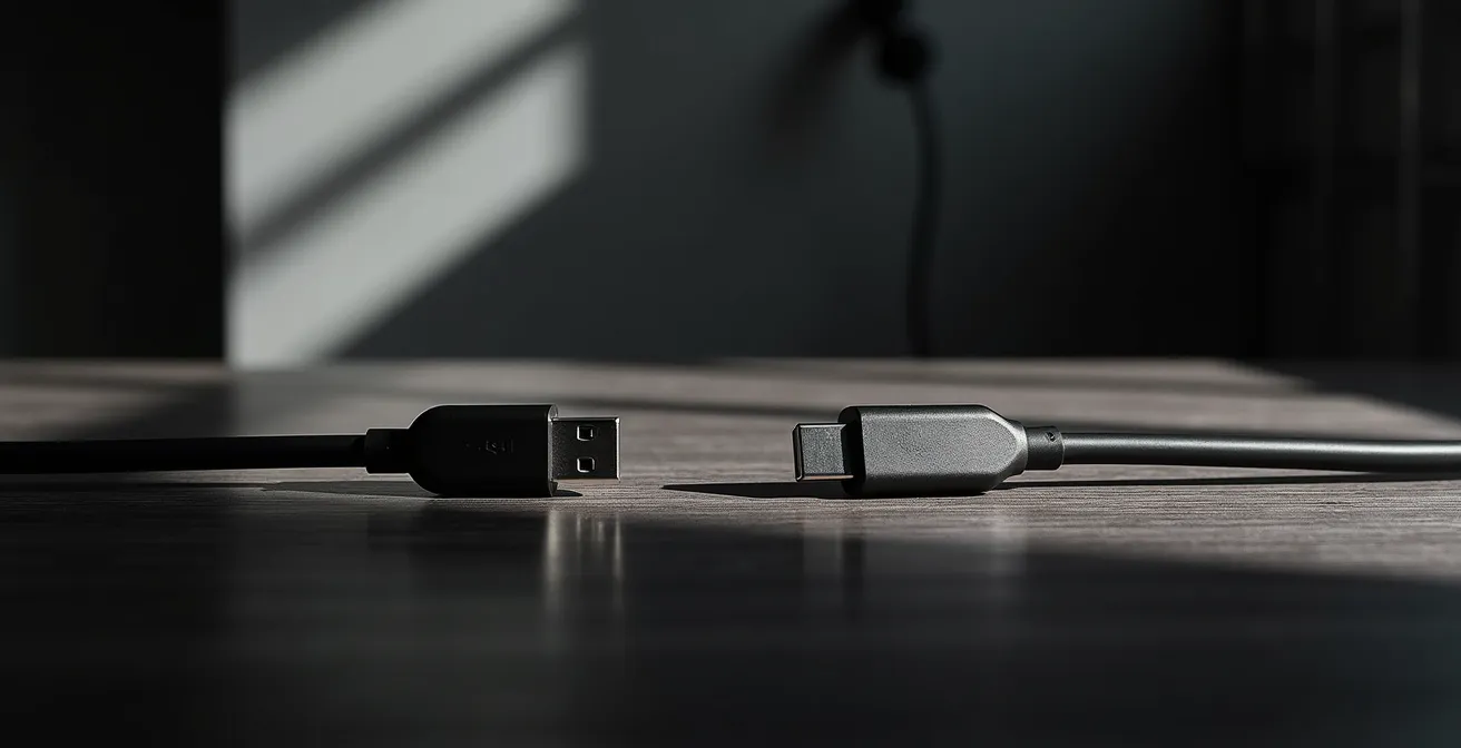 Câbles USB-C et Thunderbolt disposés symétriquement sur surface de studio