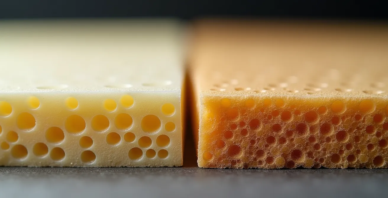 Comparaison visuelle entre mousse acoustique et laine de roche montrant leur structure interne différente