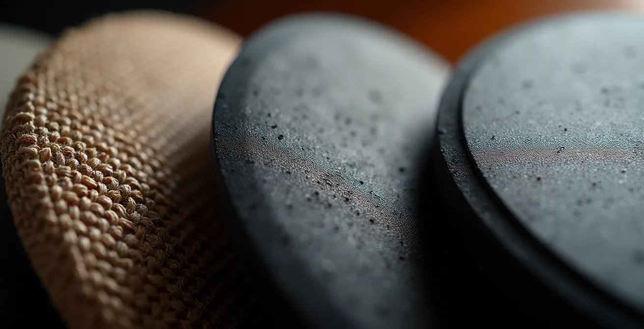 Gros plan sur différents types de peaux silencieuses et pads de batterie