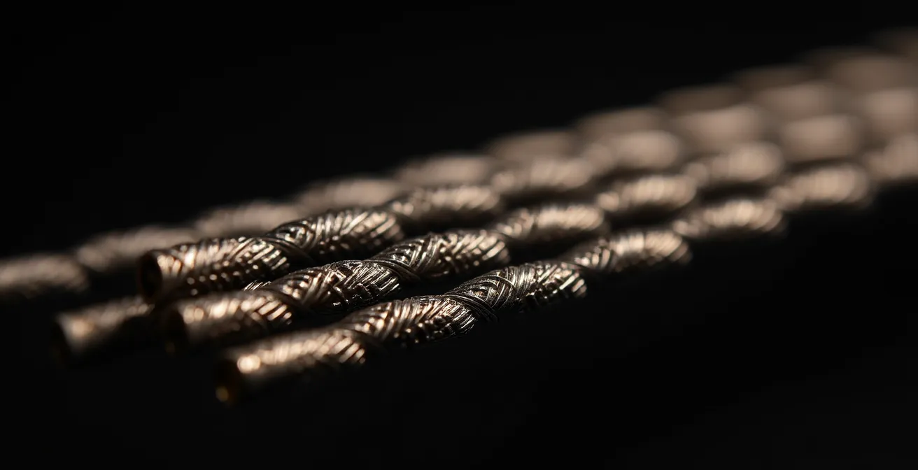 Gros plan sur différents types de cordes de guitare montrant les variations de diamètre et de structure