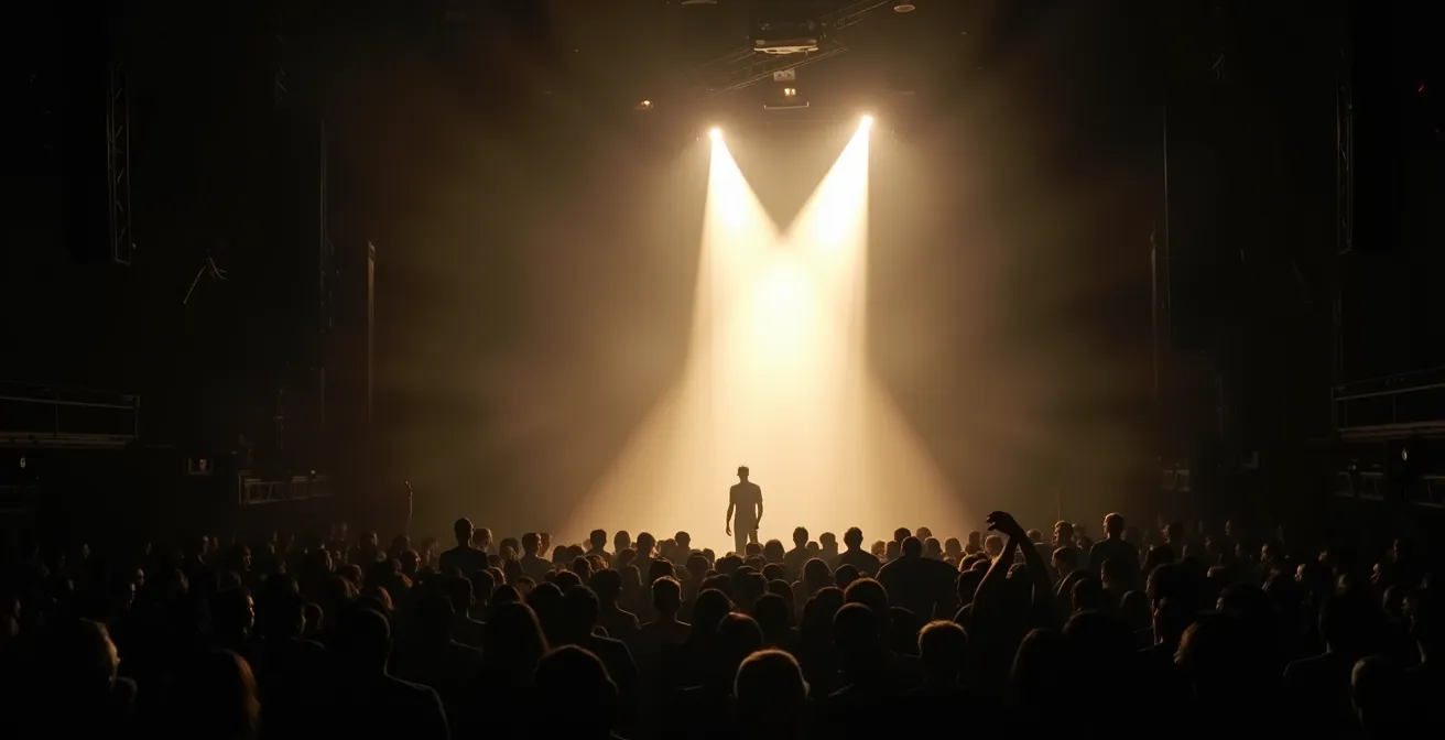 Vue depuis la scène montrant l'éclairage illuminant le fond de la salle en concert