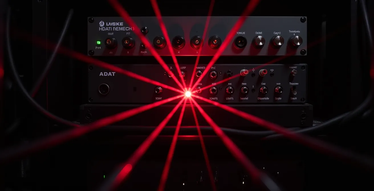 Configuration de câbles ADAT et connexions de synchronisation dans un rack studio