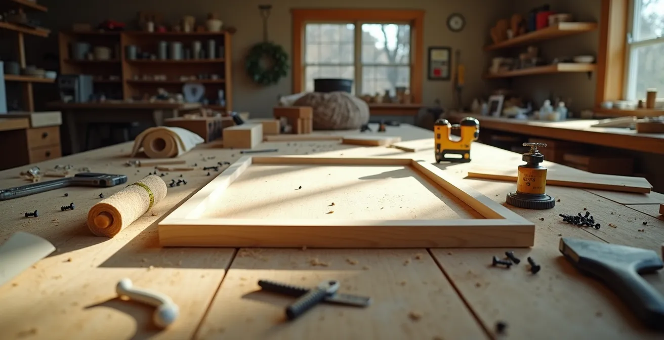 Atelier de fabrication avec outils et matériaux éparpillés montrant la complexité du DIY