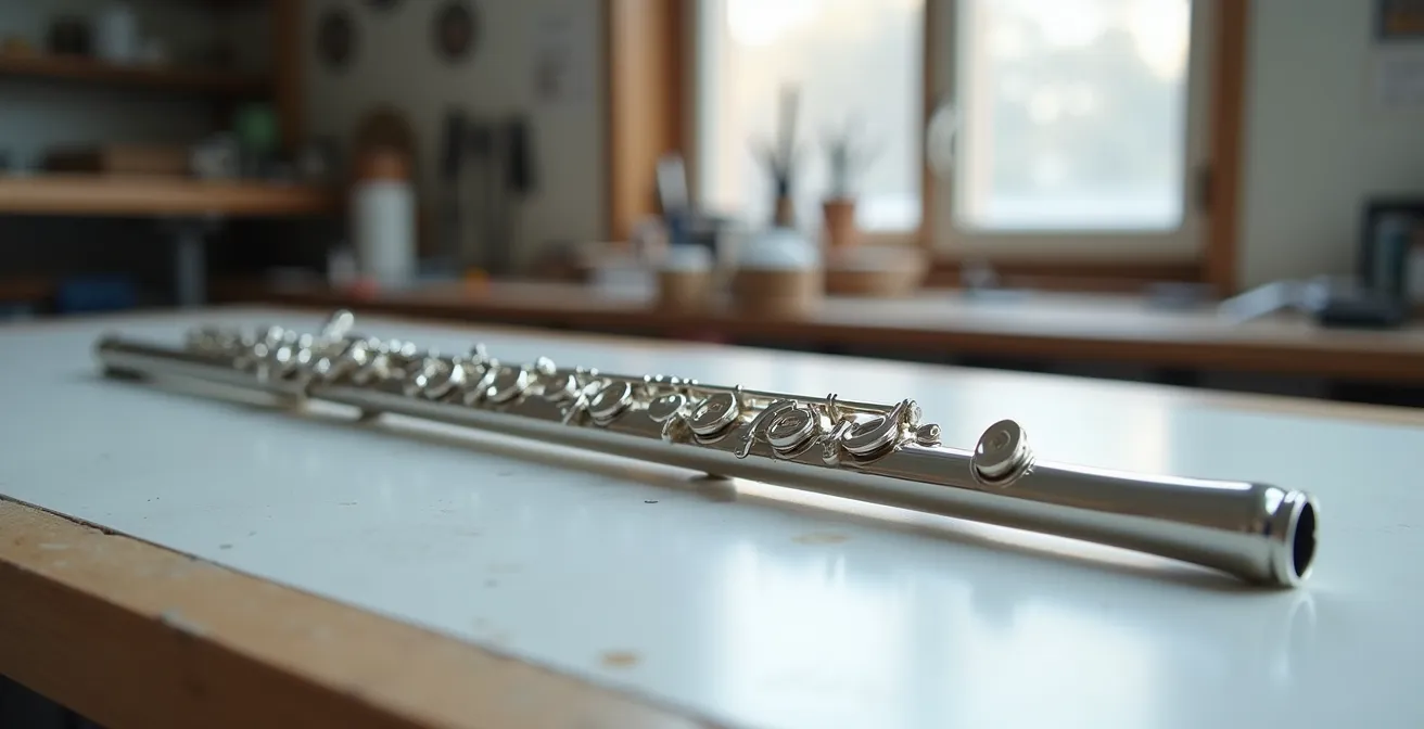 Test d'étanchééité d'une flûte traversière avec du papier fin dans un atelier de lutherie