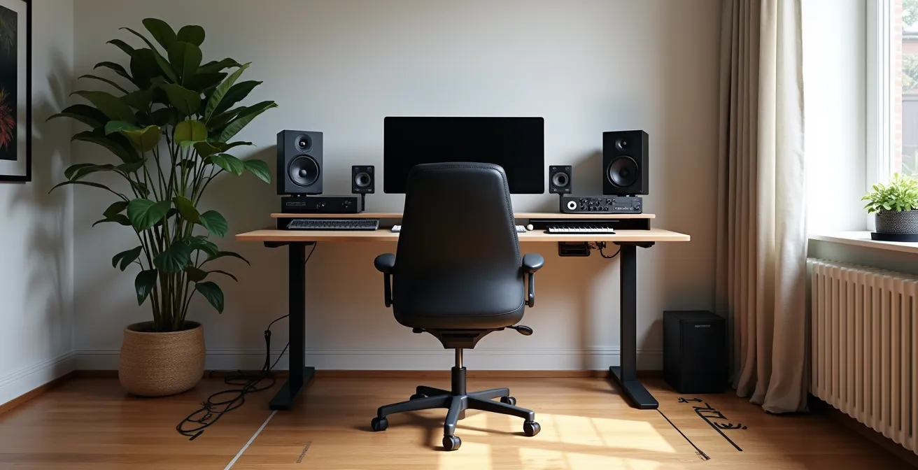 Vue d'ensemble d'un poste de travail musical ergonomique avec triangle d'écoute optimal