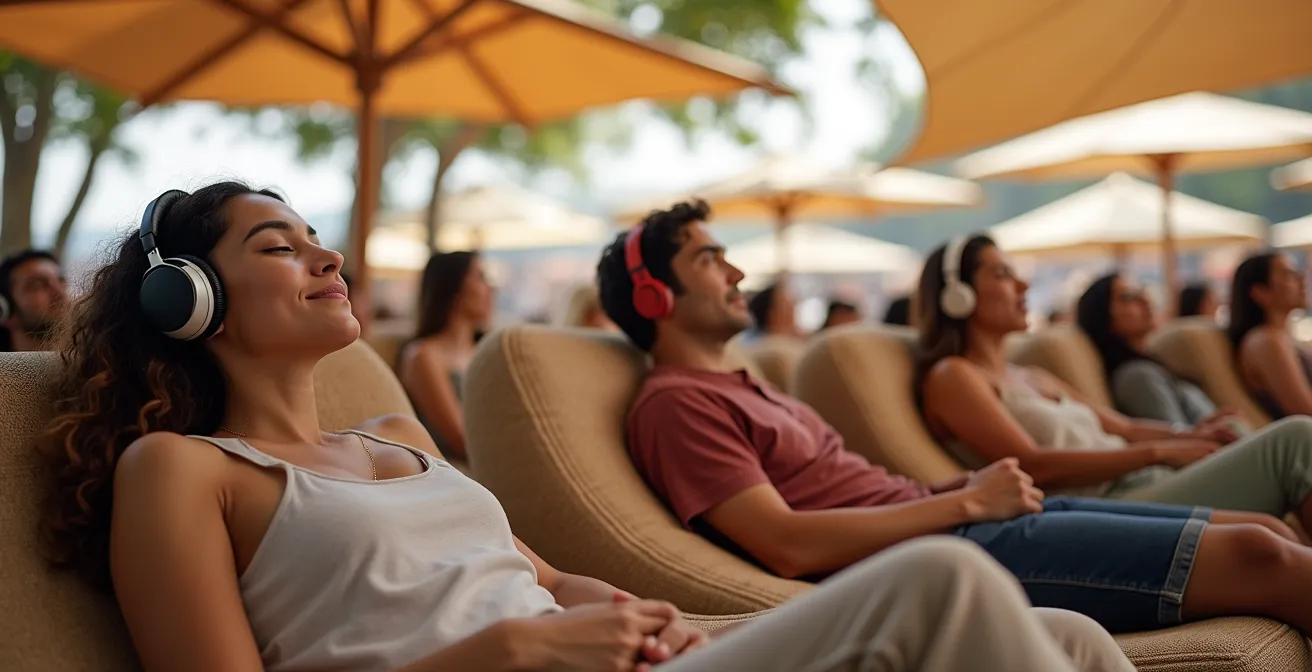 Zone de détente sensorielle dans un festival avec festivaliers relaxant dans un environnement apaisant