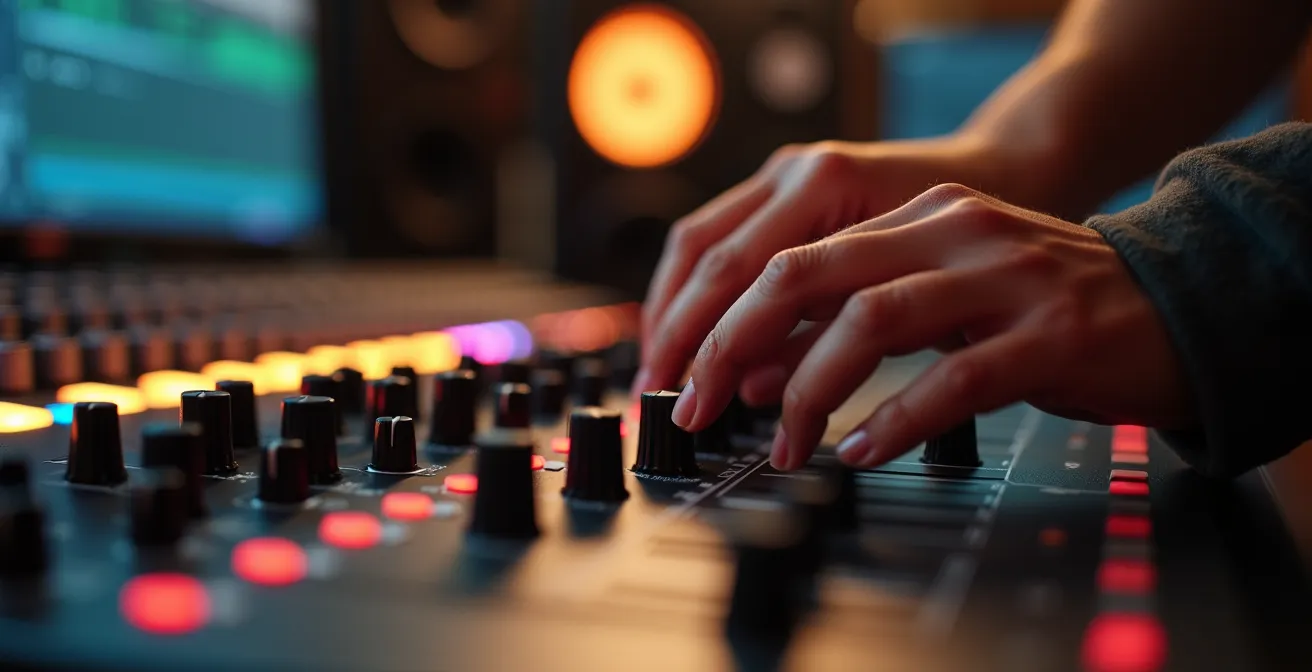Gros plan sur les mains d'un ingénieur ajustant l'égaliseur d'une console pour sculpter les fréquences