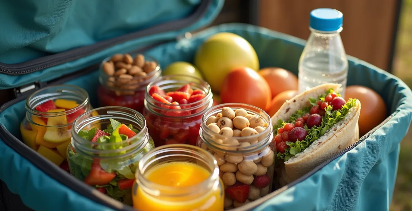 Glacière ouverte avec repas préparés et fruits pour musiciens en tournée