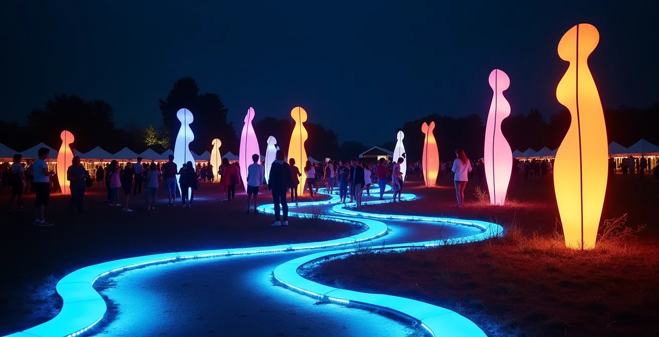 Installation artistique de guidage lumineux nocturne dans un festival avec festivaliers suivant des chemins éclairés