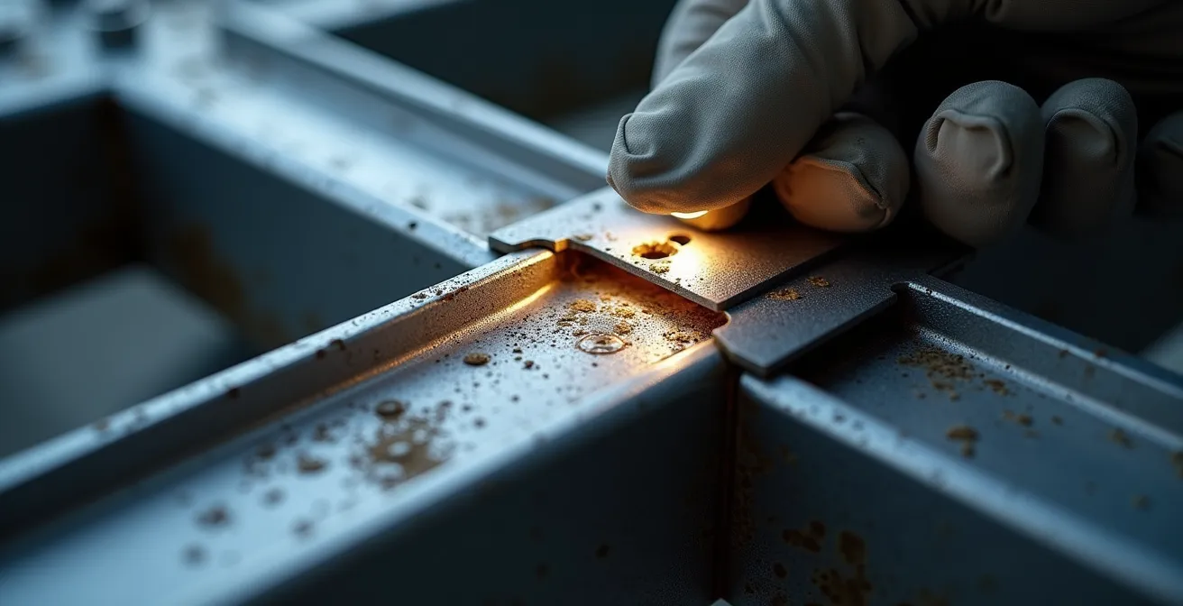 Inspection détaillée d'une structure aluminium montrant les zones critiques à vérifier