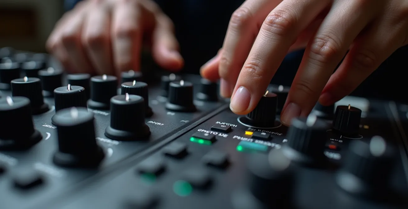Gros plan sur des mains ajustant les paramètres d'un contrôleur MIDI dans un home studio