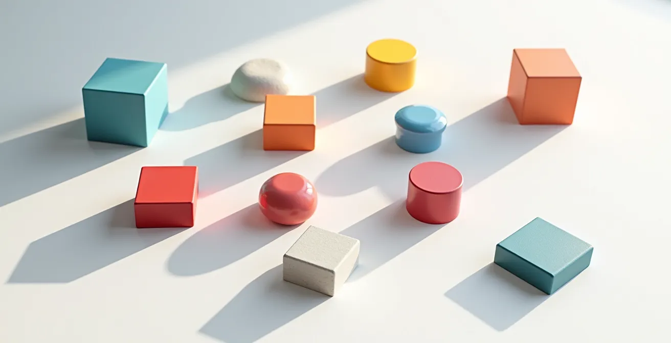 Visualisation abstraite d'une matrice de classification de plugins audio avec des formes géométriques colorées représentant différentes catégories d'effets