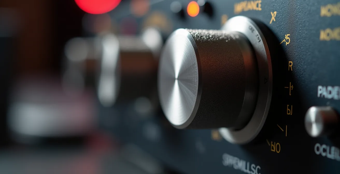 Gros plan macro sur les réglages d'impédance d'un préamplificateur avec un micro à ruban vintage en arrière-plan