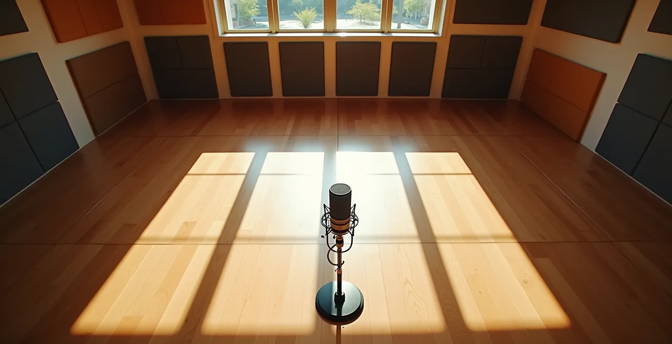 Vue aérienne minimaliste d'un studio montrant les patterns de captation cardioïde et omnidirectionnel avec traitement acoustique visible