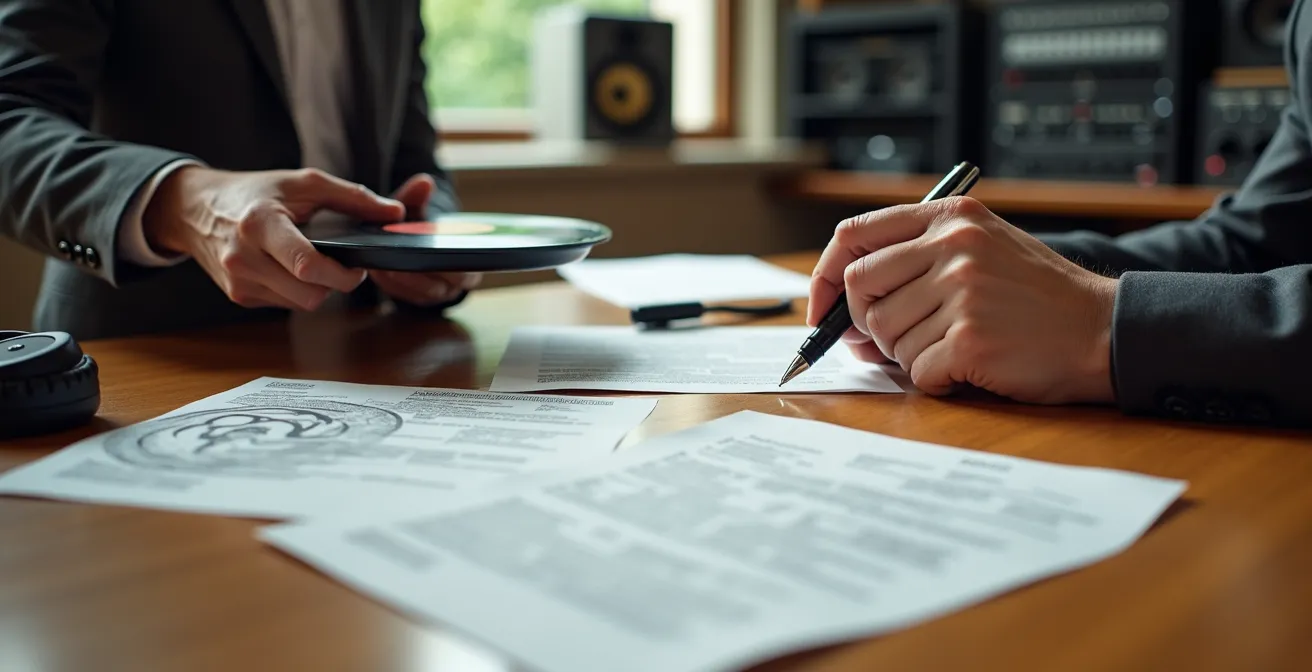 Scène de négociation professionnelle dans un environnement musical avec documents abstraits