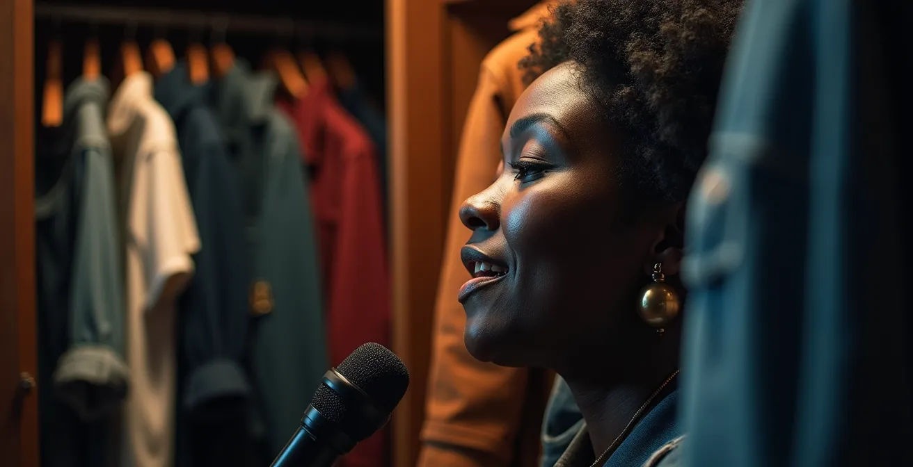 Vue latérale d'un chanteur face à une penderie ouverte remplie de vêtements variés