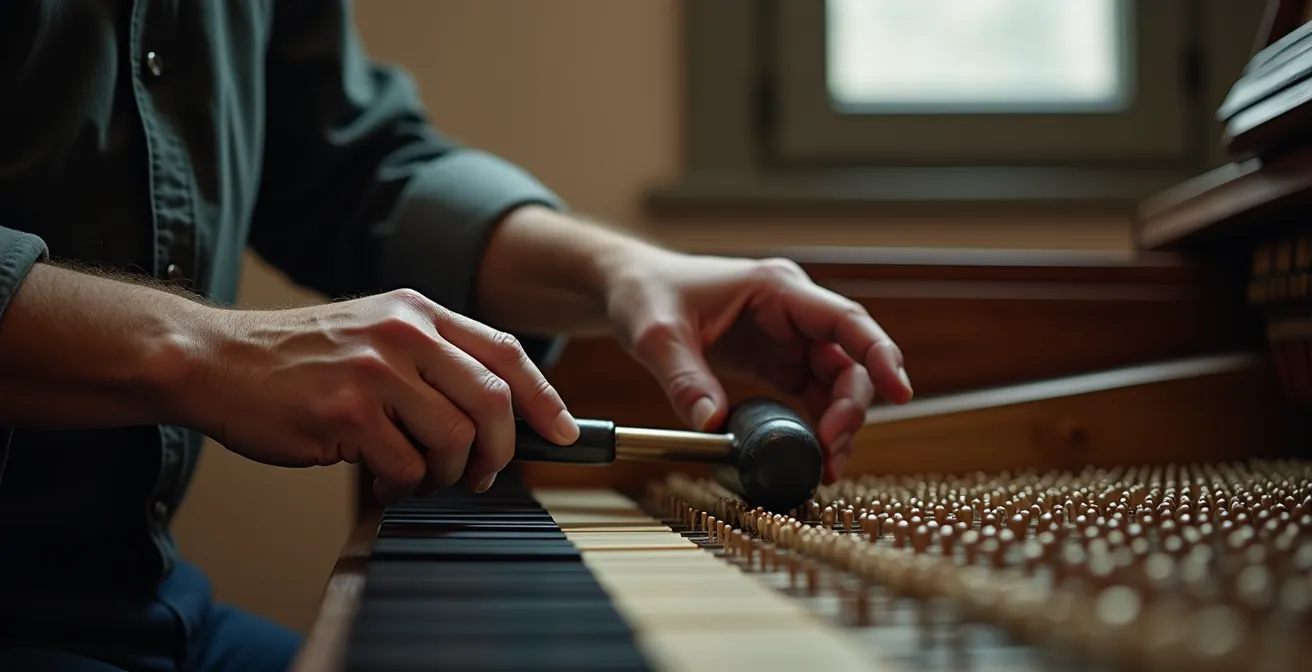 Mains d'accordeur travaillant sur les chevilles d'un piano, clé d'accord en action