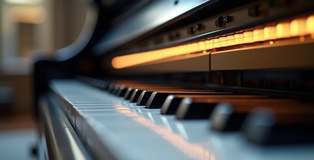 Vue macro d'un système Silent installé sous les touches d'un piano, détails mécaniques visibles