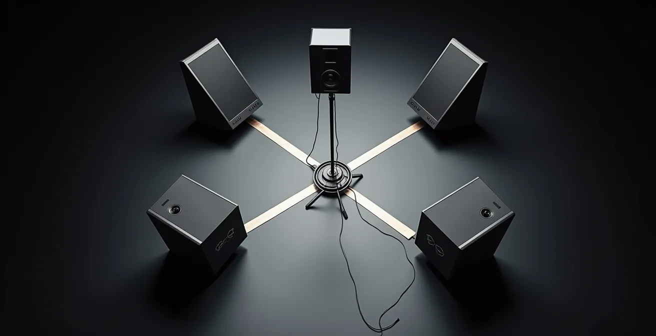 Vue de dessus montrant le placement optimal des retours de scène par rapport aux micros