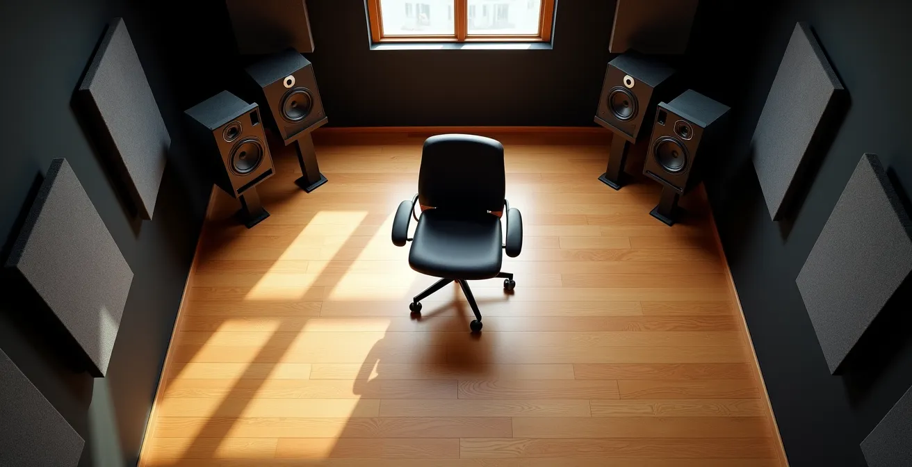 Vue aérienne d'un studio montrant le triangle équilatéral formé par les enceintes et la position d'écoute optimale