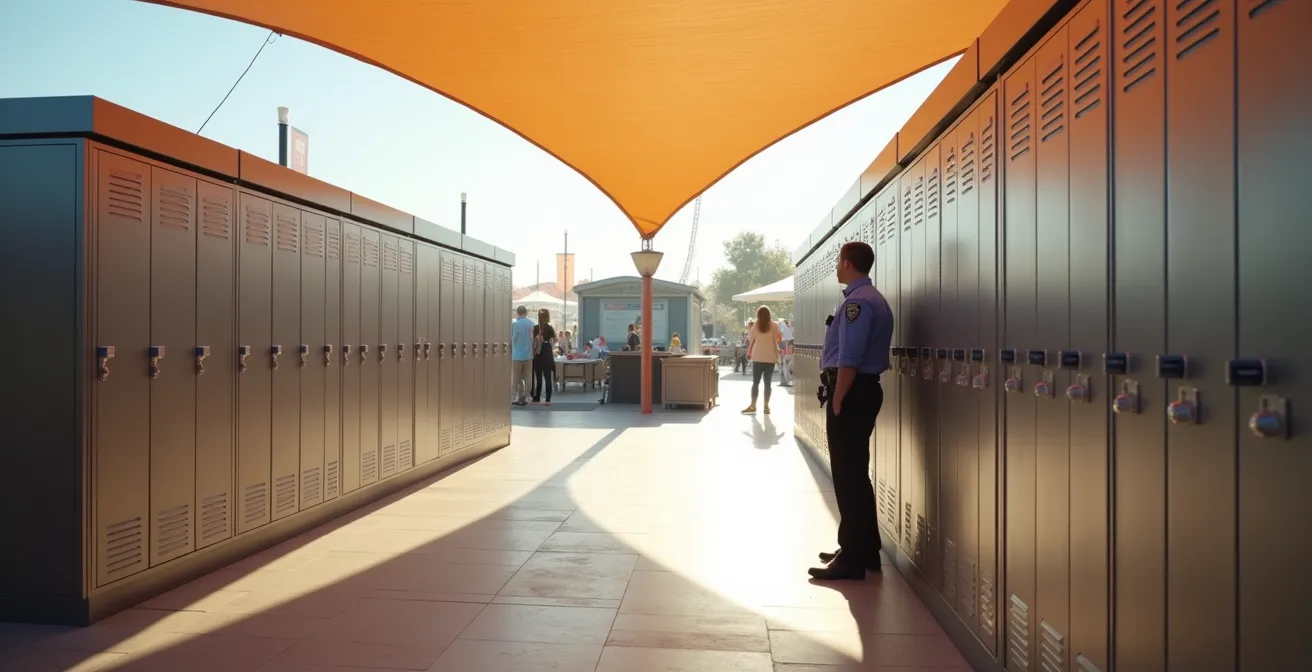 Zone de consigne sécurisée avec casiers numérotés lors d'un festival