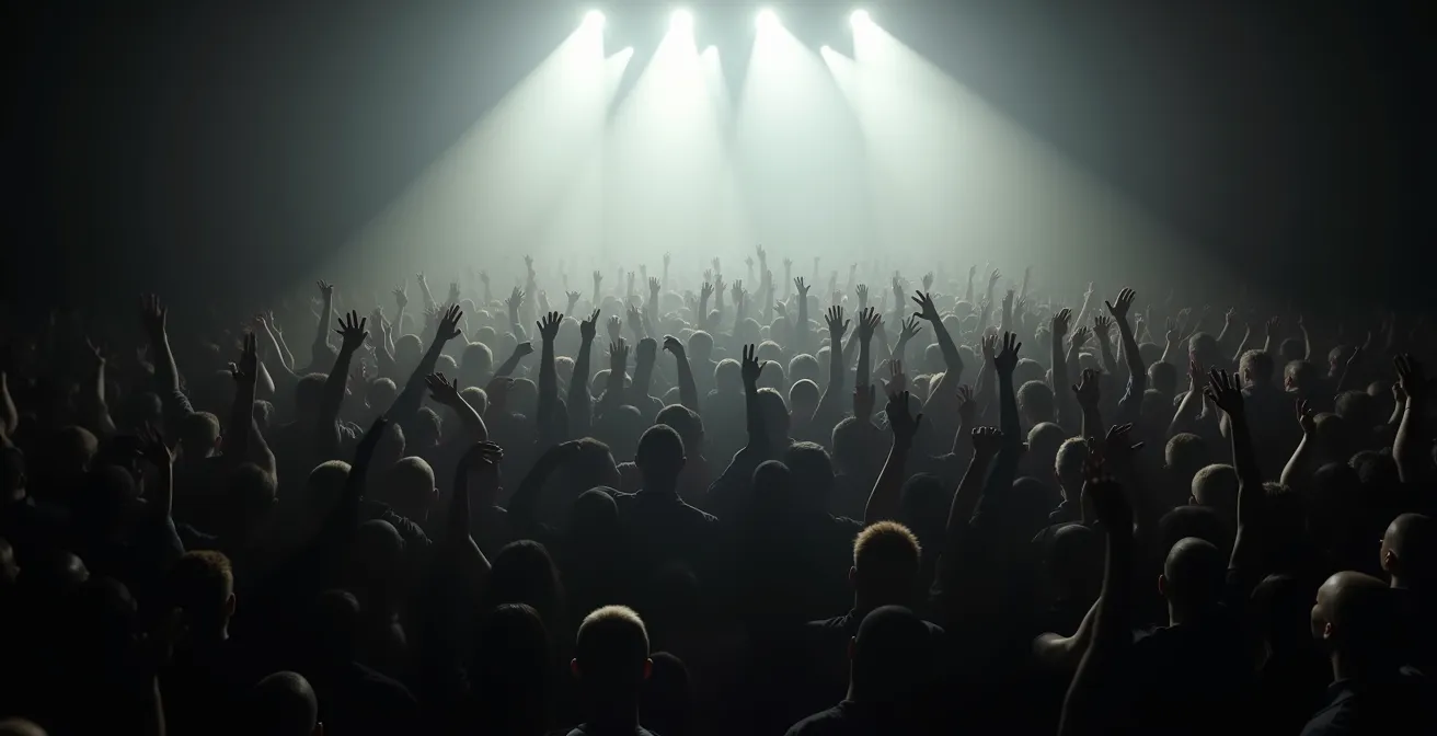 Foule avec les mains levées participant activement lors d'un concert