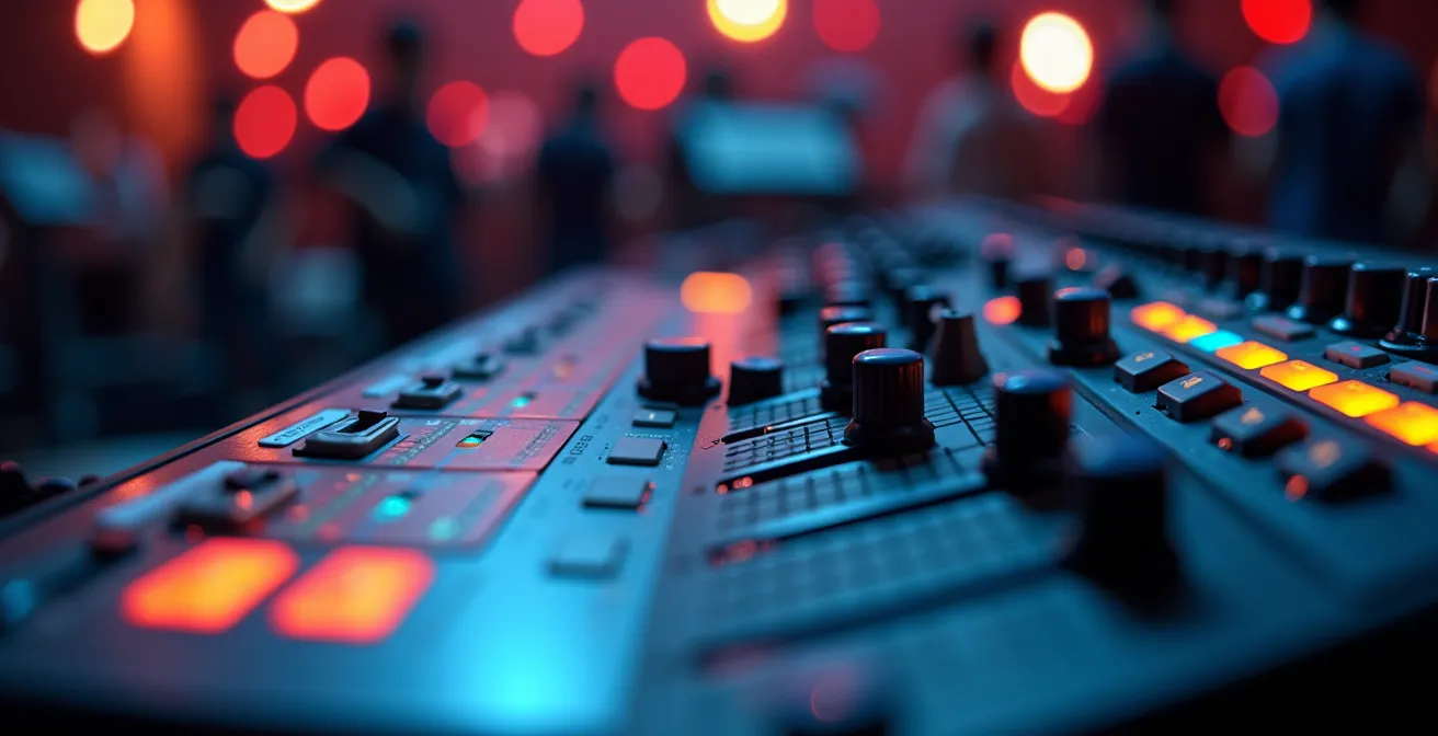 Régie technique avec écrans de contrôle et équipements de synchronisation timecode