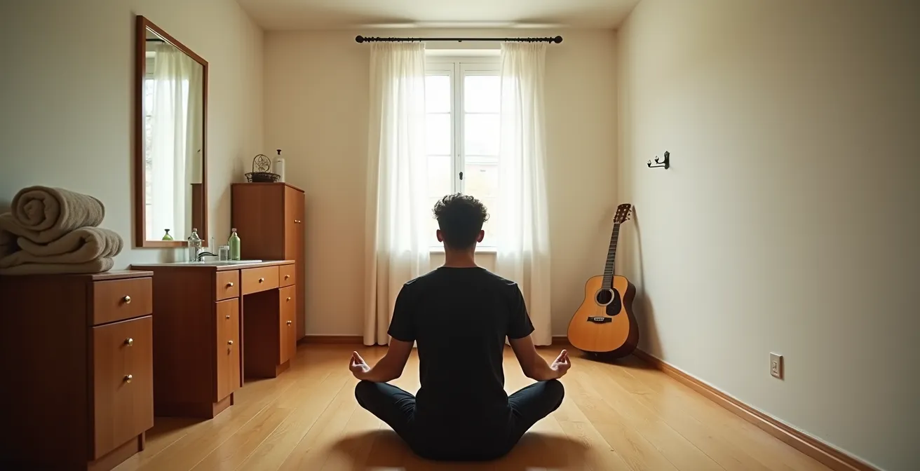Musicien pratiquant sa routine de préparation mentale en loge avant concert