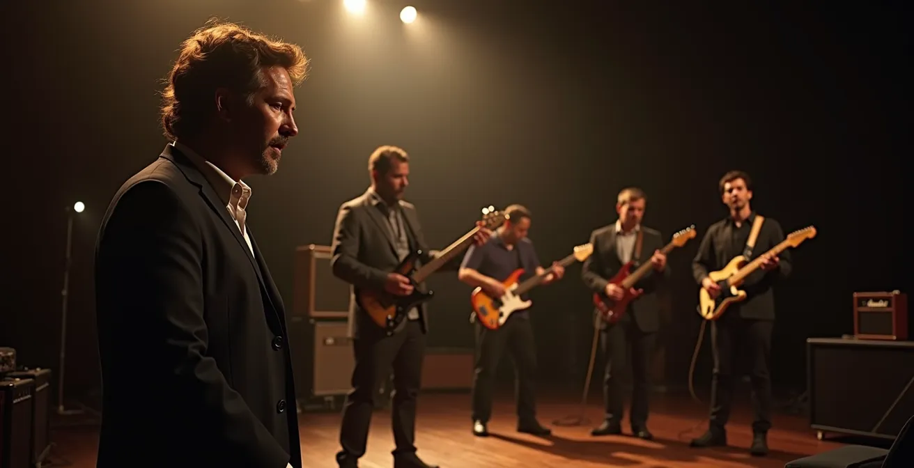 Scène de théâtre avec groupe rock et comédiens, équipement de sonorisation visible