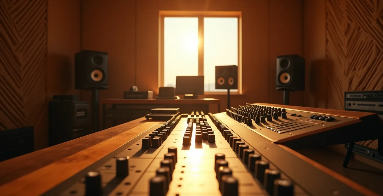 Vue atmosphérique d'un studio d'enregistrement avec console de mixage et éclairage tamisé