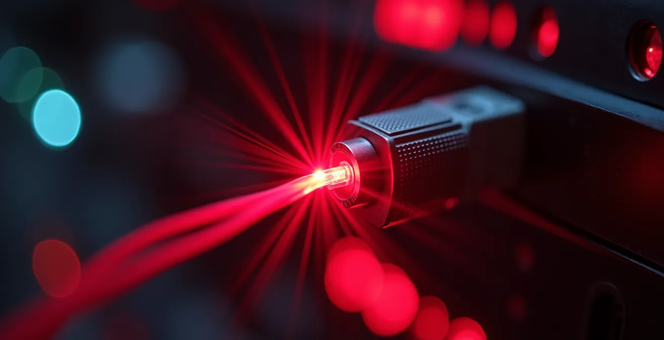 Visualisation macro d'un connecteur optique ADAT avec lumière rouge visible