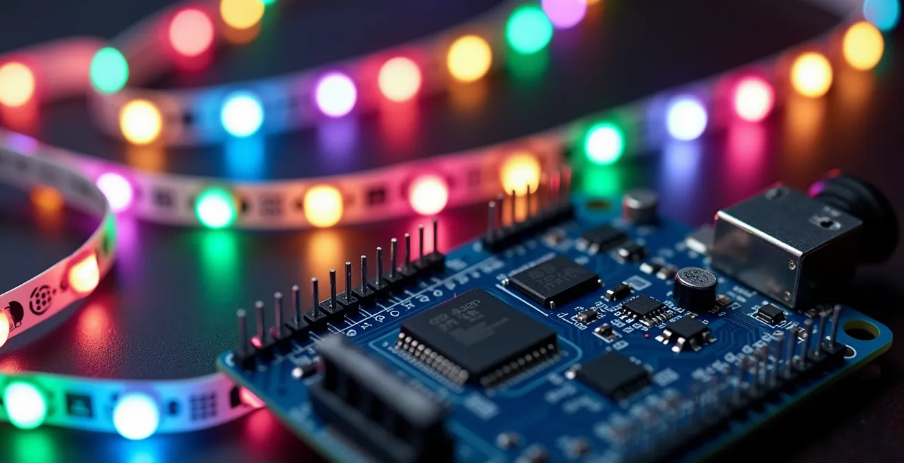 Gros plan sur circuit Arduino avec rubans LED WS2812B connectés et module micro pour analyse audio