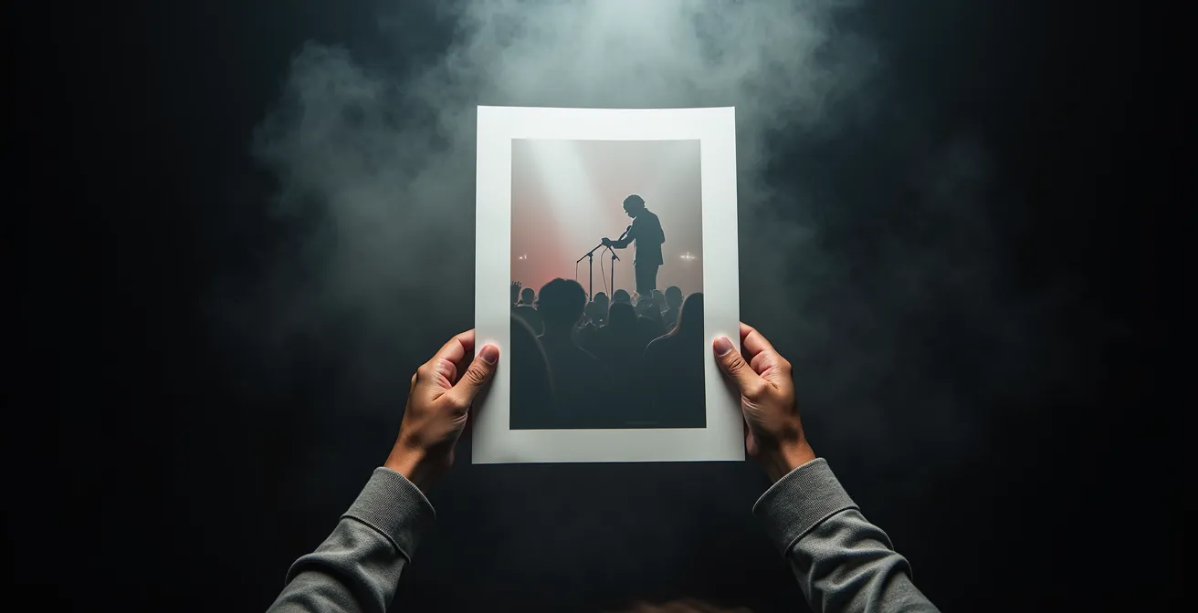 Composition artistique montrant une affiche de concert partiellement révélée avec effet de brouillard