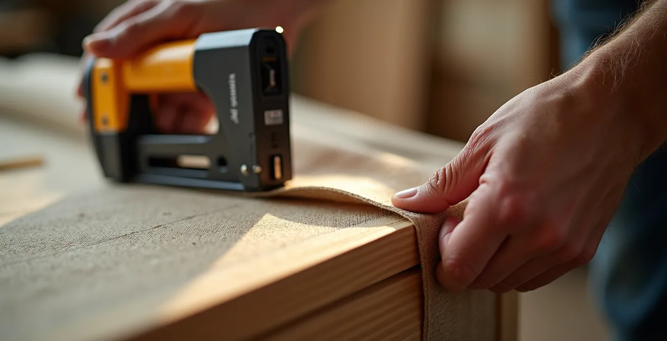 Mains expertes tendant un tissu coloré sur un cadre de panneau acoustique
