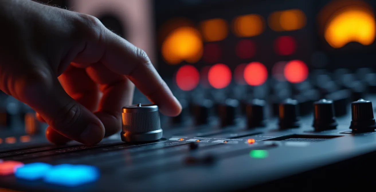 Ingénieur du son ajustant le volume de monitoring en studio avec trois positions de fader marquées