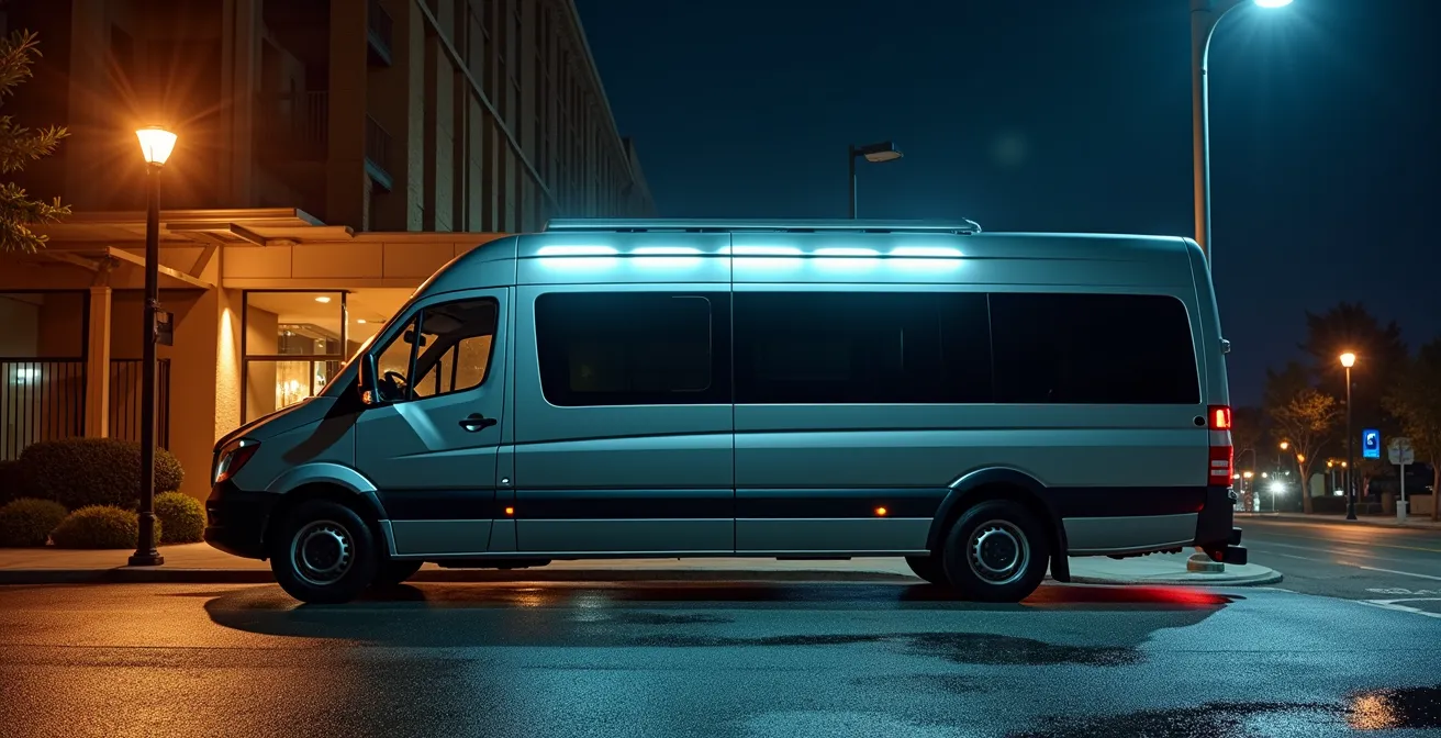 Van de tournée garé sous un lampadaire près d'un hôtel la nuit