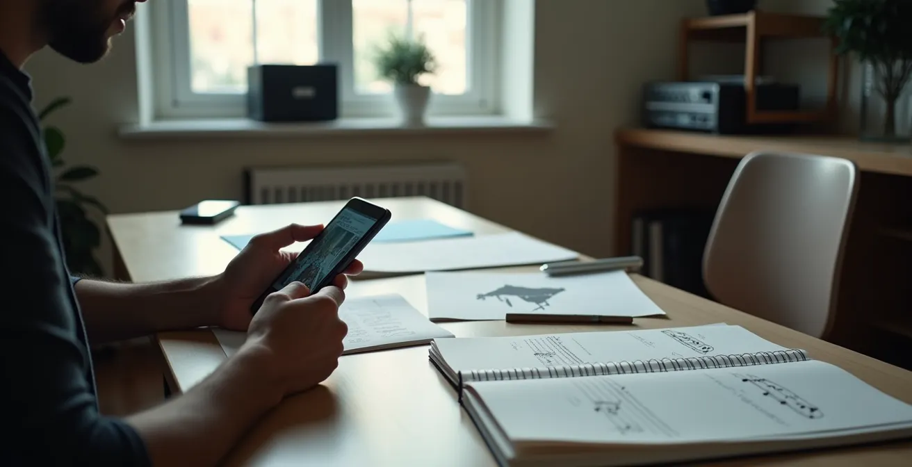 Vérification minutieuse d'une annonce de matériel musical sur smartphone